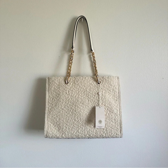 TORY BURCH ELLA LOGO CREAM BOUCLE TOTE BAG LEATHER/CHAIN HANDLE NWT $698 RARE - Picture 13 of 13